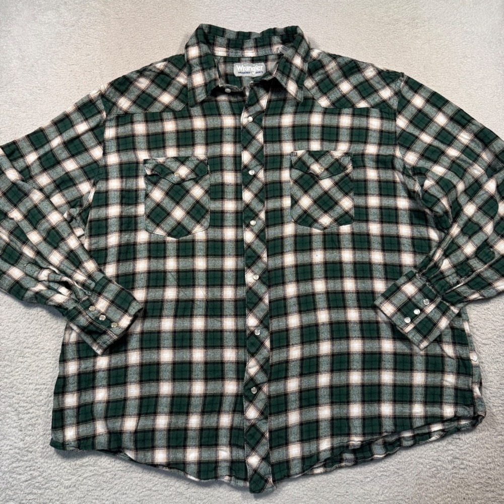 Vintage Y2K Wrangler Flannel Shirt Mens XXL Green Plaid Pearl Snap Western Shirt